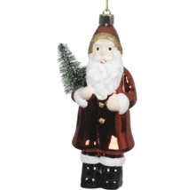 Roter Weihnachtsmann aus Glas als Christbaumschmuck mit Tannenbaum und weißem Glitzerbart.