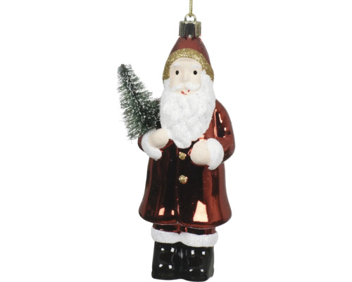Roter Weihnachtsmann aus Glas als Christbaumschmuck mit Tannenbaum und weißem Glitzerbart.