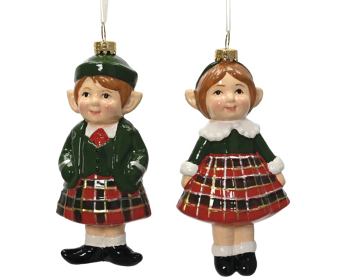 Christbaumschmuck aus Glas in Form von zwei schottischen Elfen mit Kilts und Karomuster.