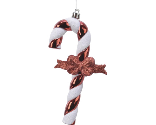Rot-weiß gestreifter Christbaumschmuck Zuckerstange mit spiralförmigem Design und roter Glitzerschleife.