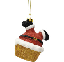 Weihnachtsbaumanhänger in Form eines Cupcakes im Weihnachtsmann-Design mit Glitzer und goldener Aufhängung.