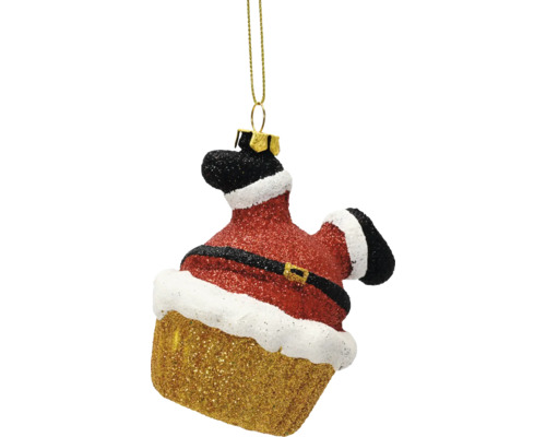 Weihnachtsbaumanhänger in Form eines Cupcakes im Weihnachtsmann-Design mit Glitzer und goldener Aufhängung.