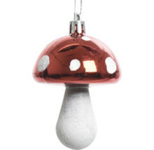 Weihnachtsbaumanhänger in Form eines Fliegenpilzes mit rotem Hut und weißen Punkten.
