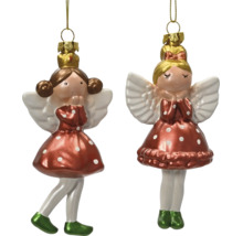 Weihnachtsbaumschmuck Engel aus Glas, 2er Set, Figuren mit Krone und Schleife in gepunkteten Kleidern