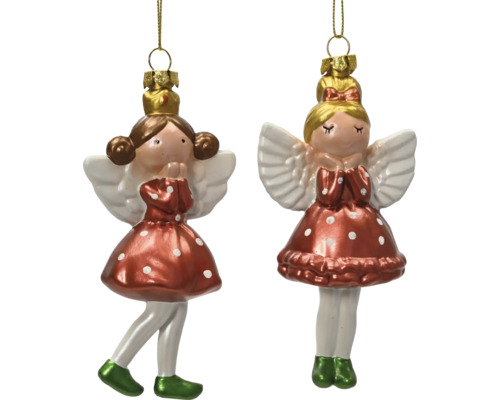 Weihnachtsbaumschmuck Engel aus Glas, 2er Set, Figuren mit Krone und Schleife in gepunkteten Kleidern