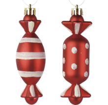 Weihnachtsbaumschmuck in Bonbonform aus Glas mit roten Streifen und Punkten mit weißem Glitzer.