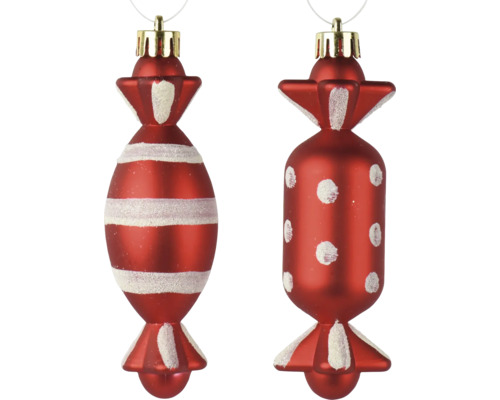 Weihnachtsbaumschmuck in Bonbonform aus Glas mit roten Streifen und Punkten mit weißem Glitzer.