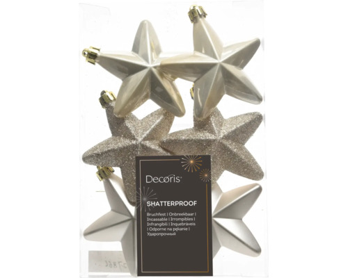 Bruchfeste Weihnachtsbaumschmuck-Sterne von Decoris in Champagner, glänzend und mit Glitzer, Set aus Kunststoff.