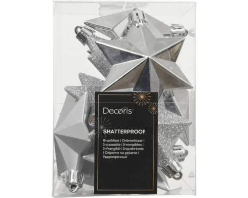 Decoris Christbaumschmuck Sterne Silber, bruchfest, glänzend und mit Glitzer, Set in Box.