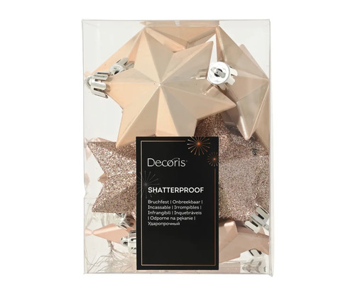 Packung mit bruchfesten sternförmigen Weihnachtsbaum-Anhängern von Decoris in verschiedenen Ausführungen.