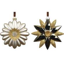 Weihnachtsbaumanhänger aus Glas in Blumen- und Sternform mit Goldglitzer.