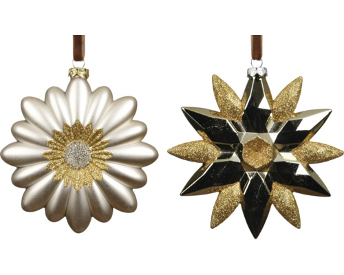 Weihnachtsbaumanhänger aus Glas in Blumen- und Sternform mit Goldglitzer.