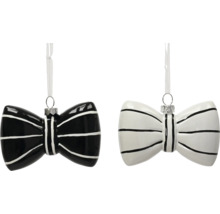 Christbaumschmuck-Set Schleife, 2 Stück, schwarz und weiß gestreift, mit Metallöse und weißem Band.