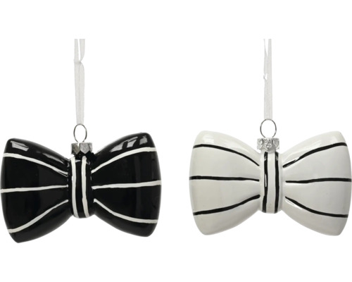 Christbaumschmuck-Set Schleife, 2 Stück, schwarz und weiß gestreift, mit Metallöse und weißem Band.