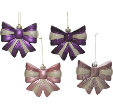 Christbaumschmuck Schleifen in Dunkellila und Rosa mit silbernem Glitzer und Aufhängung.