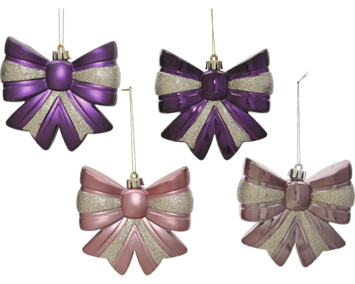 Christbaumschmuck Schleifen in Dunkellila und Rosa mit silbernem Glitzer und Aufhängung.