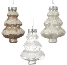Christbaumschmuck Tannenbaum aus Glas mit Kunstschnee, drei Stück.