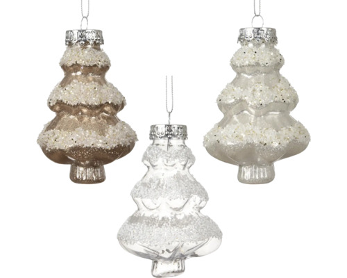 Christbaumschmuck Tannenbaum aus Glas mit Kunstschnee, drei Stück.