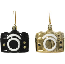 Weihnachtsbaumanhänger Kamera aus Glas in Schwarz und Gold mit weißem Glitzerdekor.