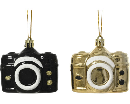 Weihnachtsbaumanhänger Kamera aus Glas in Schwarz und Gold mit weißem Glitzerdekor.