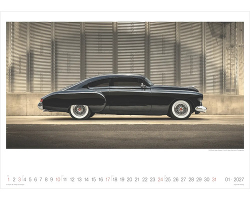 Wandkalender Blatt für Jänner 2027 mit einem schwarzen Oldtimer vor einer Wand aus Wellblech.