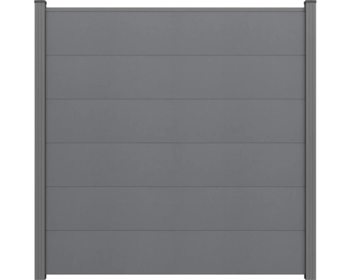 Sichtschutzzaun aus WPC mit horizontalen Lamellen und passenden Pfosten in Anthrazit.