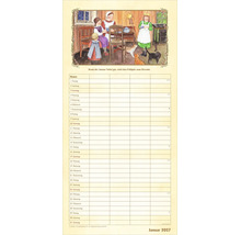 Wandkalender für Jänner 2027 mit Illustration einer gemütlichen Stube und Tabellengitter zur Planung.