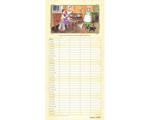 Wandkalender für Jänner 2027 mit Illustration einer gemütlichen Stube und Tabellengitter zur Planung.