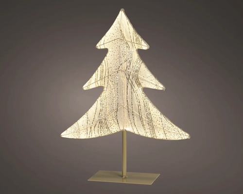 Beleuchteter Deko-Weihnachtsbaum in Gold-Optik mit Glitzer-Effekt auf einem rechteckigen Standfuß.