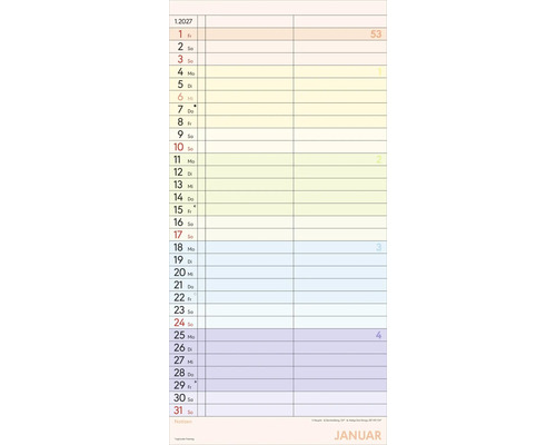 Wandkalender Jänner 2027 mit Spalten für Termine, Kalenderwochen und Feiertagsübersicht.
