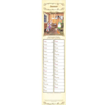 Jänner-Kalenderblatt mit nostalgischer Illustration einer Familie in einer Holzküche und einem Kalendarium mit 31 Tagen.