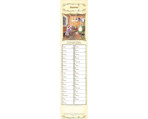 Jänner-Kalenderblatt mit nostalgischer Illustration einer Familie in einer Holzküche und einem Kalendarium mit 31 Tagen.