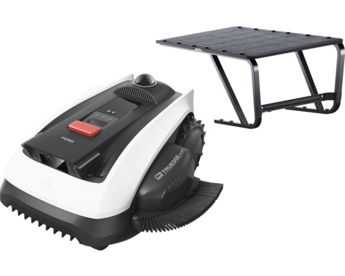 Mähroboter in Weiß und Schwarz mit integrierter Kamera, rotem Stopp-Knopf und Kantenschneidefunktion inklusive passender schwarzer Garage.