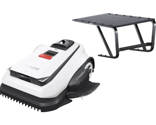 Mähroboter in Weiß und Schwarz mit einer roten Stopptaste und einer schwarzen Überdachung für die Ladestation.