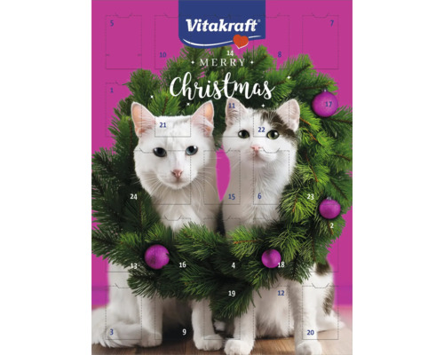 Vitakraft Adventskalender für Katzen mit zwei Katzen im Weihnachtskranz und vierundzwanzig Türchen.