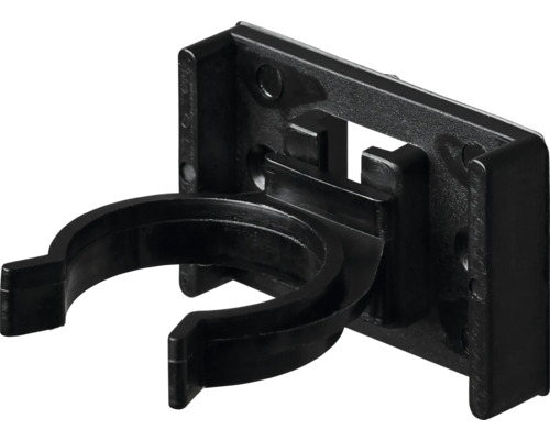 Rohrclip aus schwarzem Kunststoff mit rechteckiger Montageplatte.