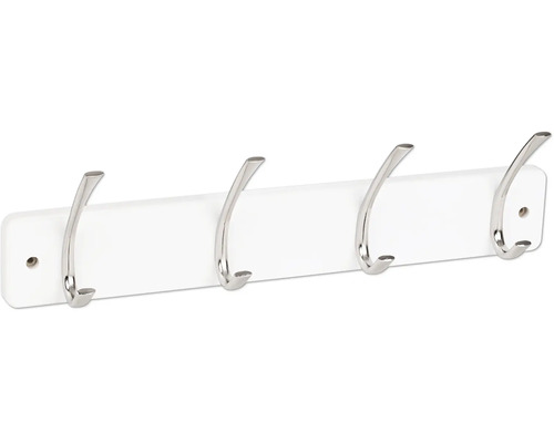 Wandgarderobe mit vier polierten Metallhaken auf einer weißen Grundplatte.