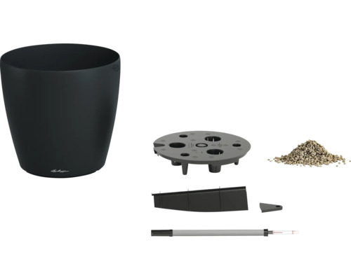 Schwarzer runder Lechuza Pflanztopf mit Bewässerungssystem, inklusive Trennboden, Wasserstandsanzeiger und Pflanzsubstrat.