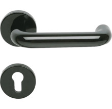 Türdrücker-Garnitur aus Metall in Schwarz glänzend mit Rundrosette und Schlüsselrosette.