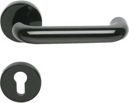 Türdrücker-Garnitur aus Metall in Schwarz glänzend mit Rundrosette und Schlüsselrosette.