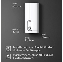 Weißer Stiebel Eltron Durchlauferhitzer, Höhe 46,6 Zentimeter, Breite 22,5 Zentimeter, Gewicht 2,9 Kilogramm, 180 Grad drehbare Kappe, 400 Volt.