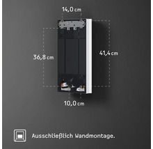 Maßzeichnung eines Elektrogeräts zur Wandmontage mit Abmessungen von 41,4 Zentimeter Höhe und 14,0 Zentimeter Breite.