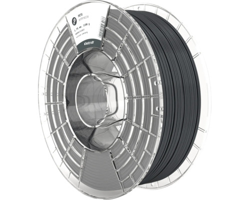 Extrudr PETG 3D-Drucker Filament in Anthrazit, 1,75 Millimeter Durchmesser, 1100 Gramm auf einer transparenten Spule.