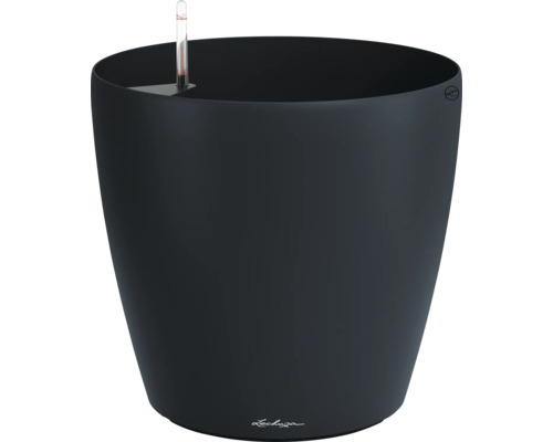 Runder Pflanztopf Lechuza Classico in Schwarz mit integriertem Bewässerungssystem und Wasserstandsanzeiger.