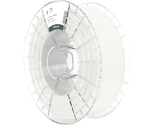 Extrudr PETG Filament für 3D-Drucker, 1,75 Millimeter, 1100 Gramm, weiß, transparente Spule, Extrudr Logo.