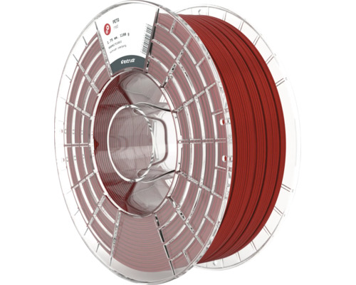 3D-Drucker-Filament Extrudr PETG rot, Durchmesser 1,75 Millimeter, Gewicht 1100 Gramm, auf transparenter Kunststoffspule.
