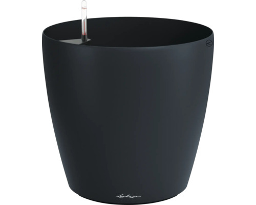 Rundes Pflanzgefäß aus Kunststoff in Schwarz mit integriertem Bewässerungssystem und Wasserstandsanzeiger.