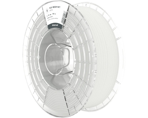 Extrudr 3D-Druck Filament Flex Medium Matt weiß, 1,75 Millimeter Durchmesser, 750 Gramm auf einer transparenten Spule.