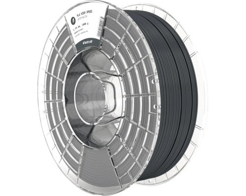 Extrudr PLA High Speed Filament für 3D-Drucker, 1,75 Millimeter, 1000 Gramm, anthrazit auf einer transparenten Spule.
