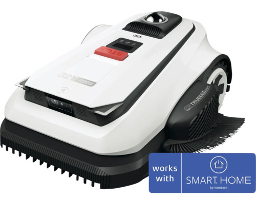 Weißer Mähroboter mit Sensoren, roter Stopptaste und Kantenschneidfunktion. Kompatibel mit SMART HOME by hornbach.
